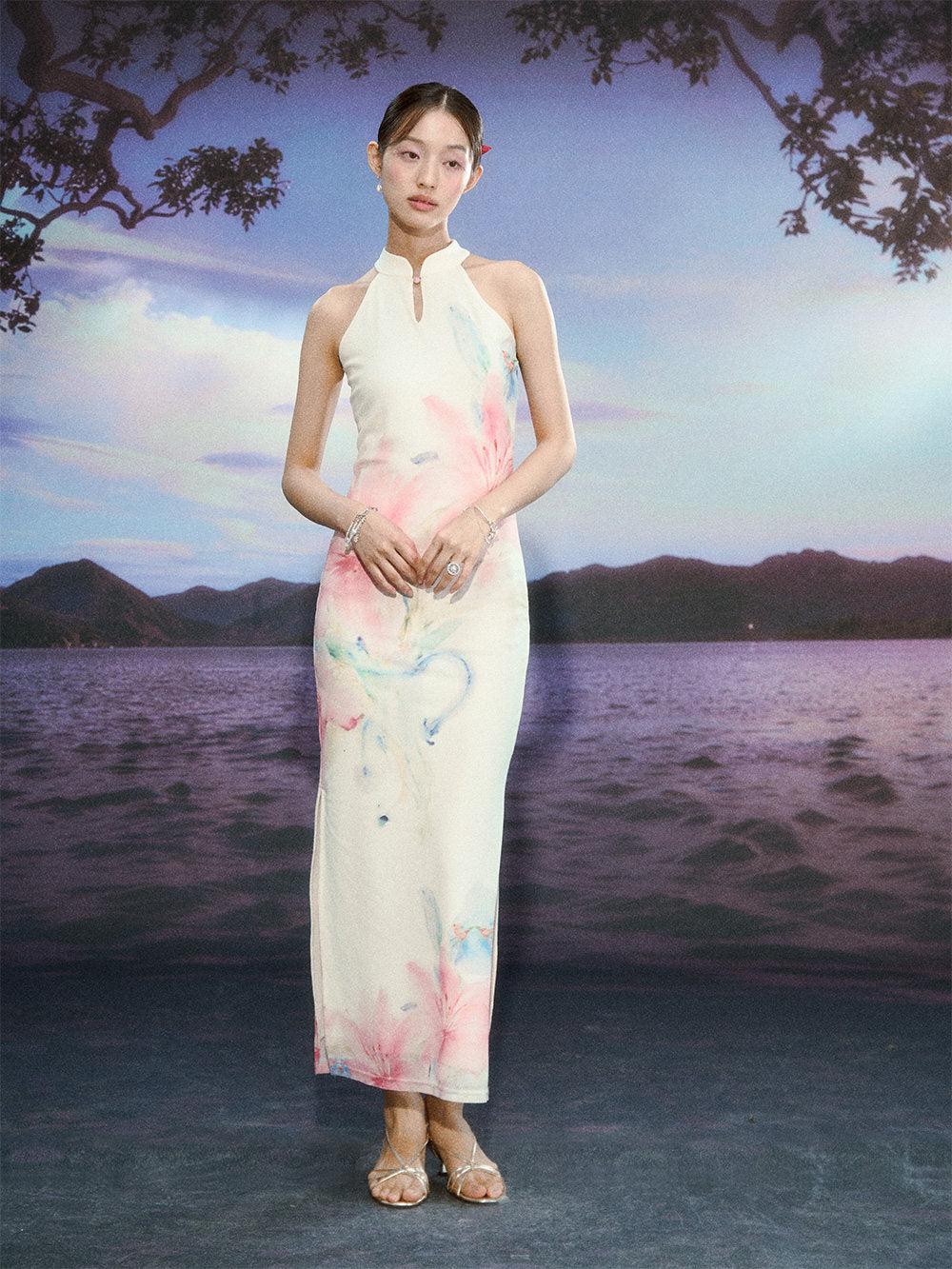 Gradient Lily Floral Cheongsam Dress