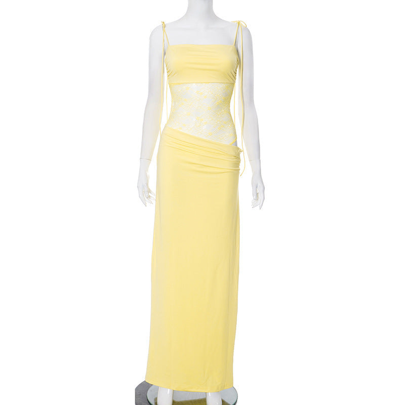 Women Summer Solid Color Lace Splicing Strap Dress