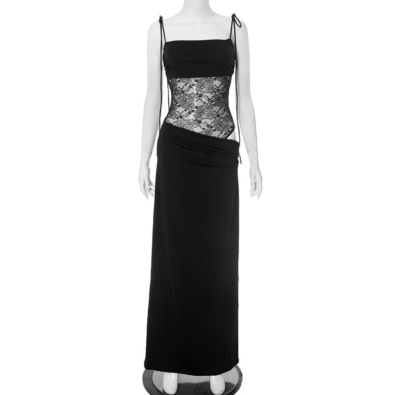 Women Summer Solid Color Lace Splicing Strap Dress