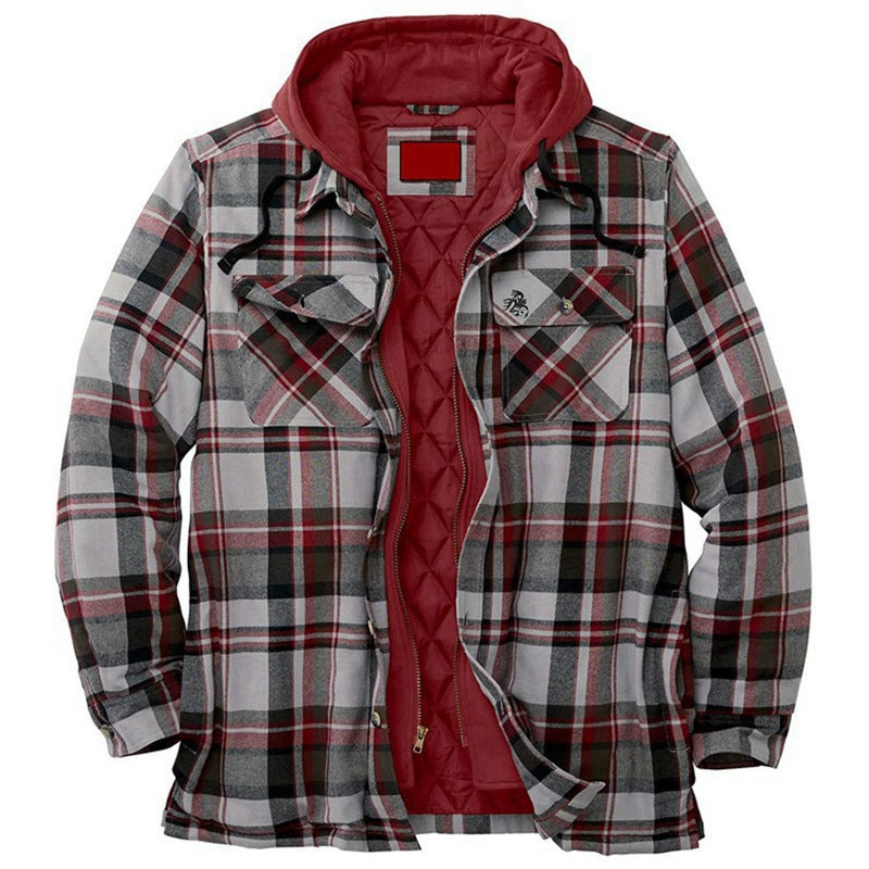 Thickened Cotton Plaid Long Sleeve Hooded Jacket