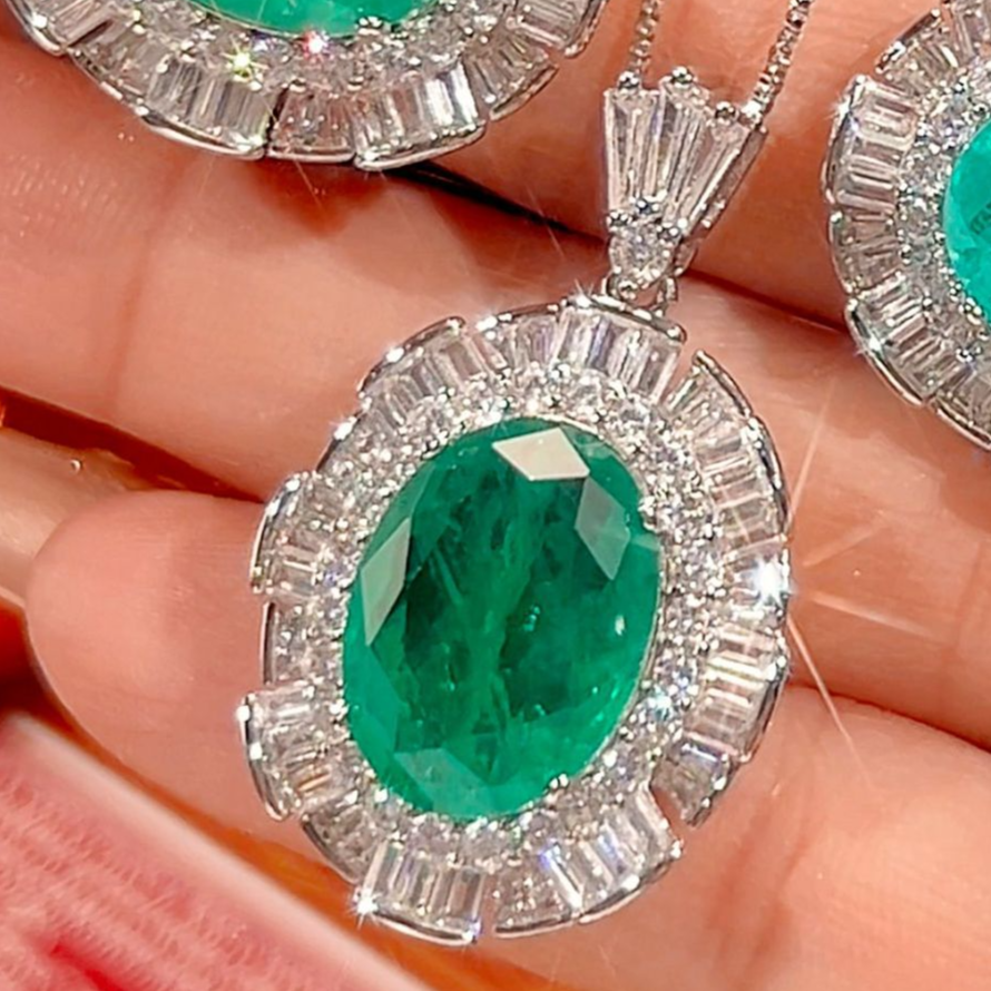 Simulated Emerald Paraiba Jewelry Set Copper-Based Light Luxury Women&