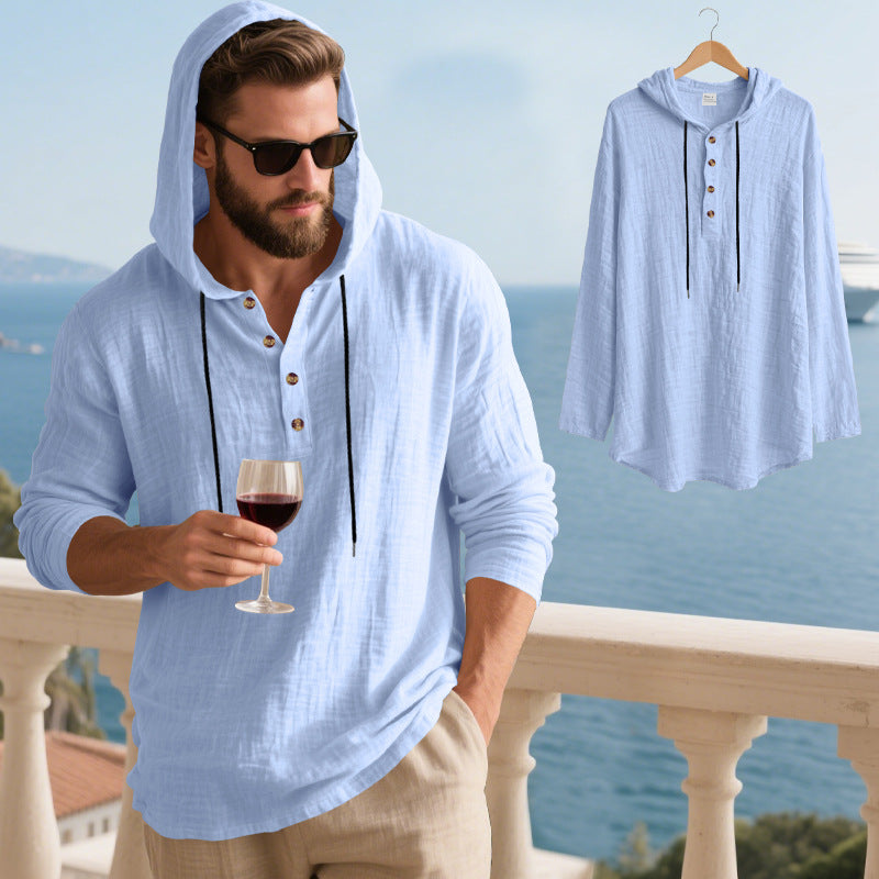 Mens Hooded Linen Long Sleeve T-Shirt
