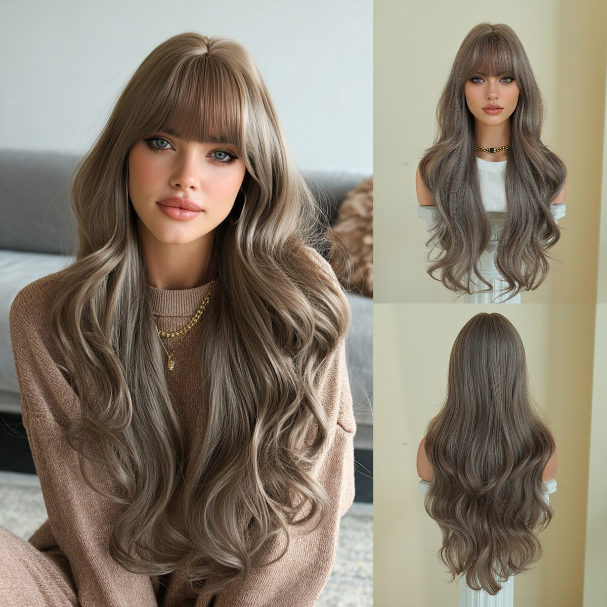 Long wavy hair with a natural topdoe of synthetic wig with a front fringe