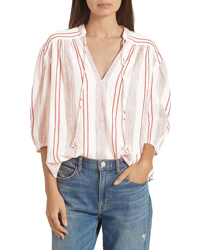 Joie Womens White Tie Gathered Striped 3/4 Sleeve V Neck Top, XS