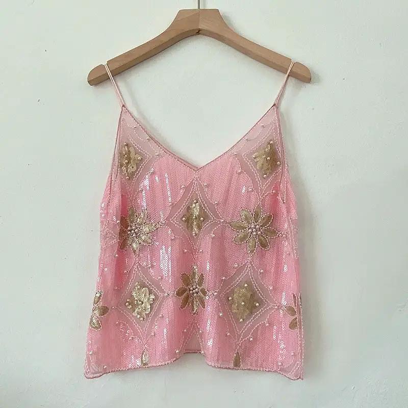 【MOQ-5 packs】 Niche Summer Women Heavy Embroidery Sequ Beaded Sling Basic Sexy Slimming Short V neck Vest Western Sexy by Wanita Store