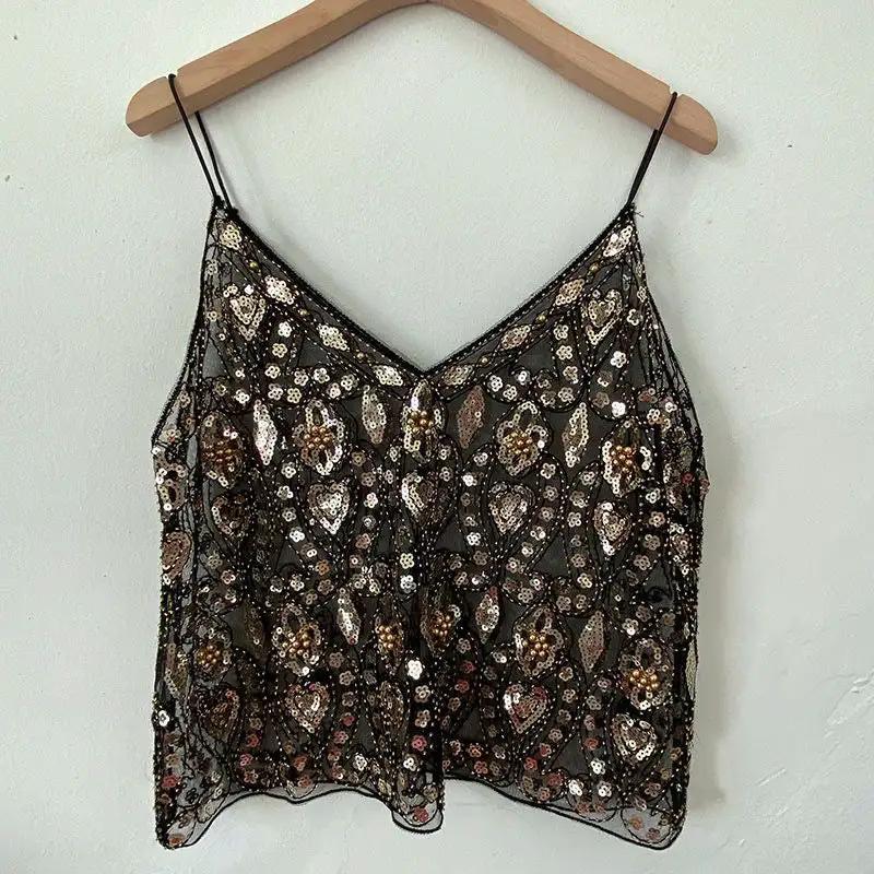 【MOQ-5 packs】 Niche Summer Women Heavy Embroidery Sequ Beaded Sling Basic Sexy Slimming Short V neck Vest Western Sexy by Wanita Store
