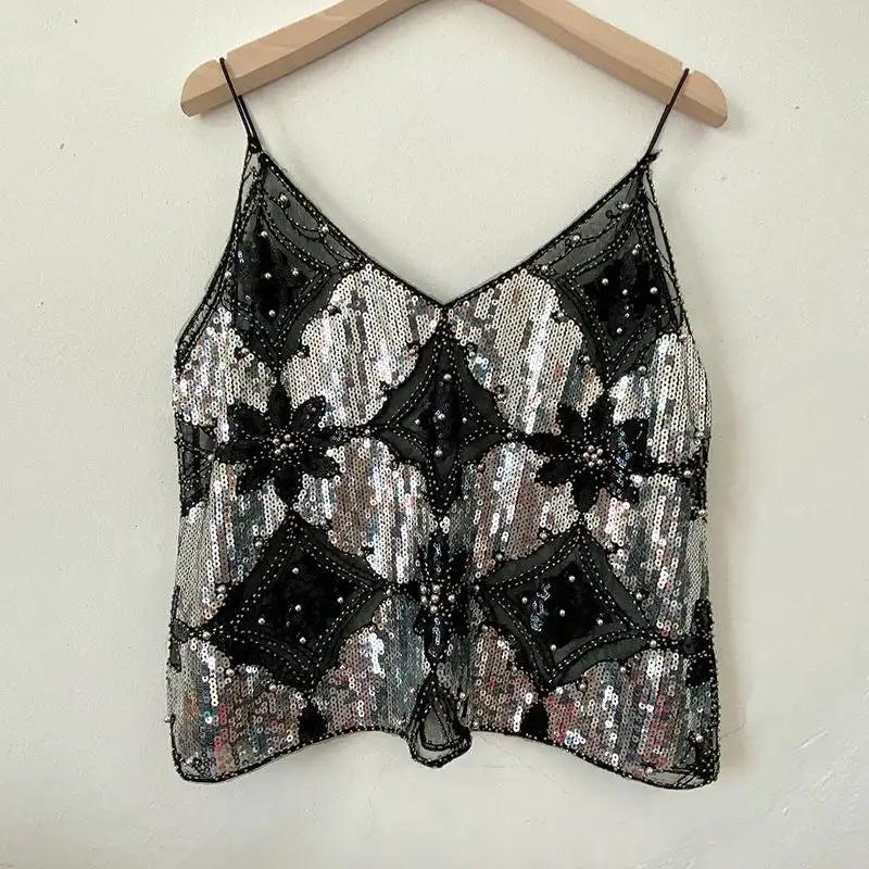 【MOQ-5 packs】 Niche Summer Women Heavy Embroidery Sequ Beaded Sling Basic Sexy Slimming Short V neck Vest Western Sexy by Wanita Store