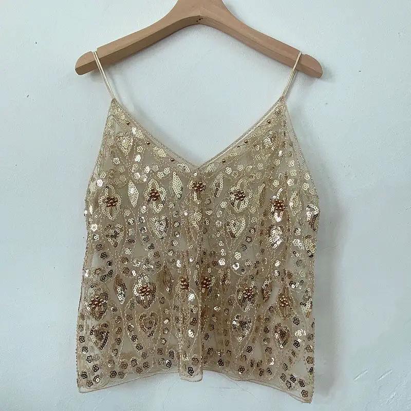 【MOQ-5 packs】 Niche Summer Women Heavy Embroidery Sequ Beaded Sling Basic Sexy Slimming Short V neck Vest Western Sexy by Wanita Store