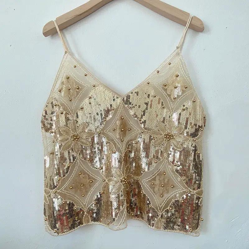 【MOQ-5 packs】 Niche Summer Women Heavy Embroidery Sequ Beaded Sling Basic Sexy Slimming Short V neck Vest Western Sexy by Wanita Store