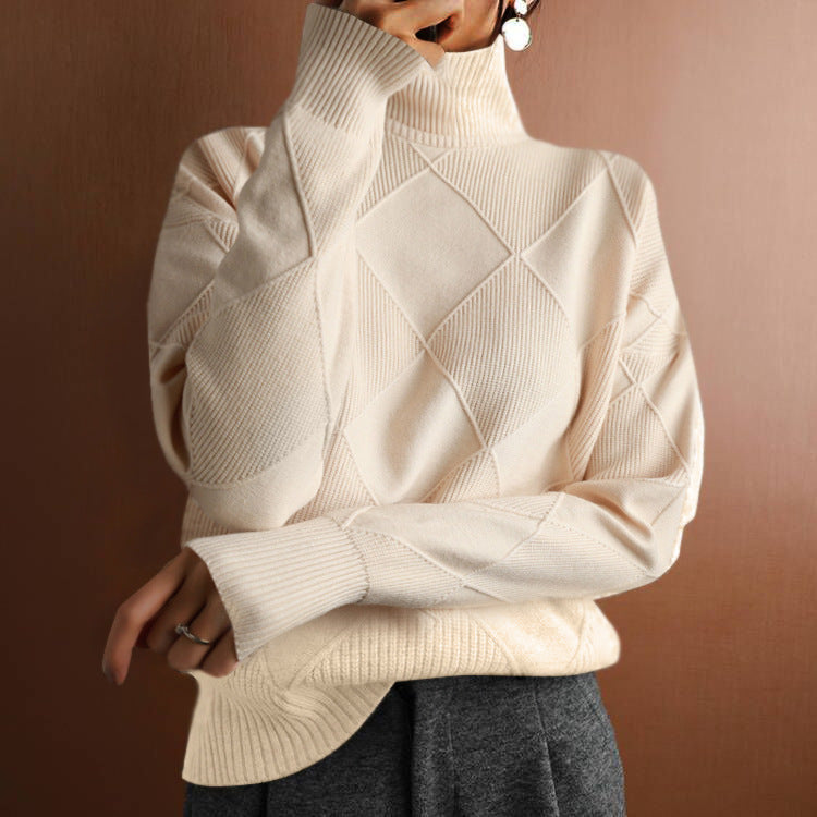 Womens High Neck Loose Fit Diamond Pattern Sweater