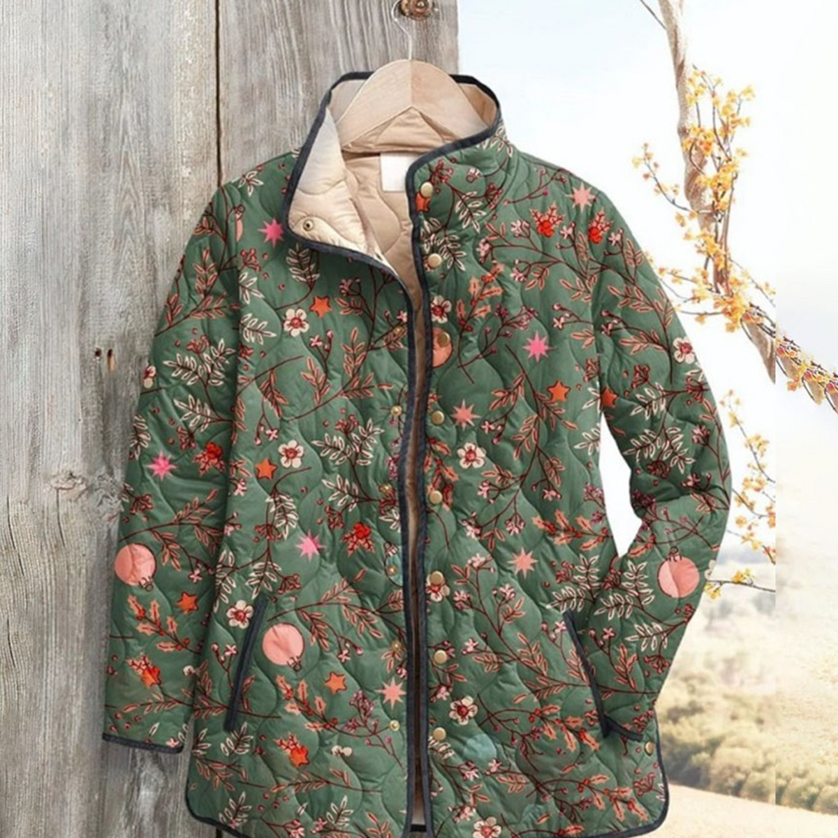 Women Floral Stand Collar Pleated Cotton Sweatshirt