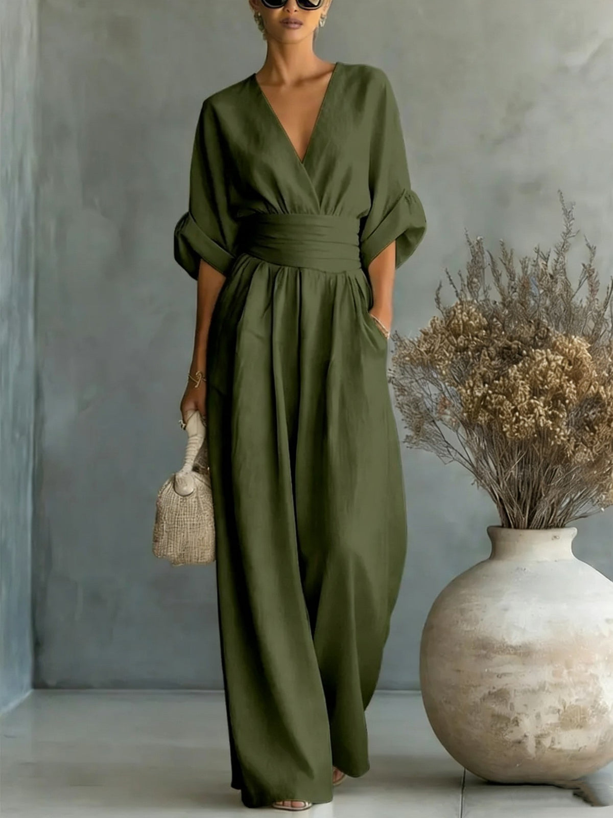 Elegant V Neck Waist Cinching Women Jumpsuit
