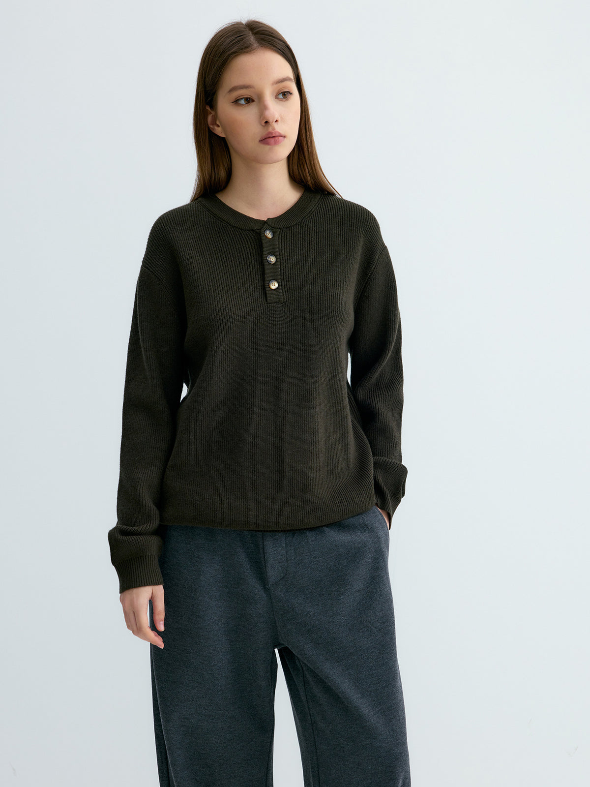 Ribbed Henley Collar Knit Sweater