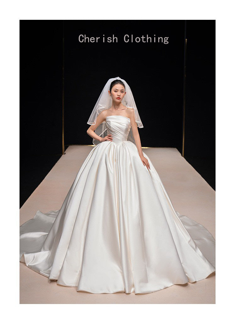 Court Satin Strapless Wedding Dress Long Train