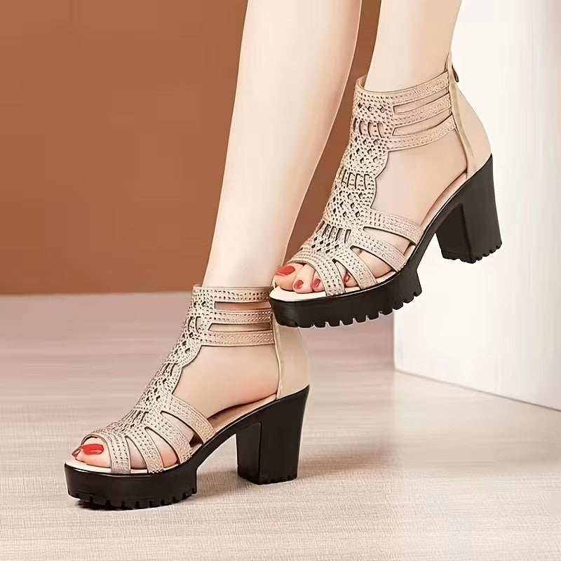 Women Chunky Heel Hollow Out Roman Sandals