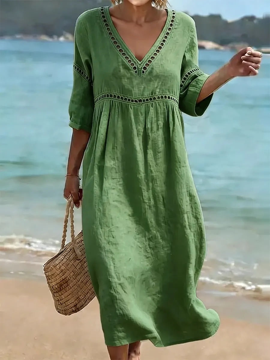 Womens V-Neck 3D Digital Print A-Line Midi Dress