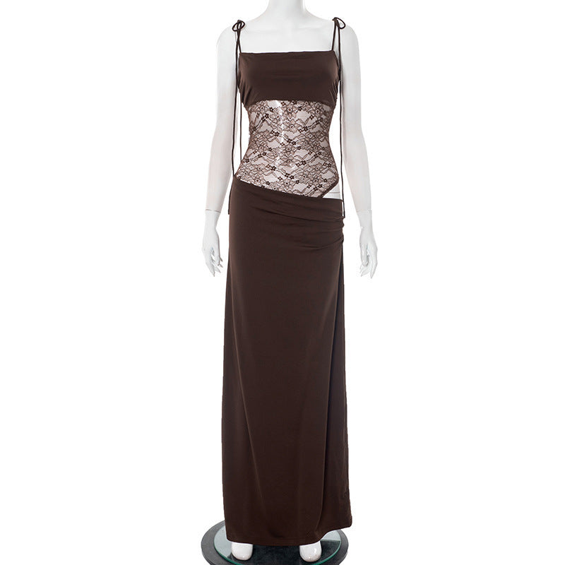Women Summer Solid Color Lace Splicing Strap Dress