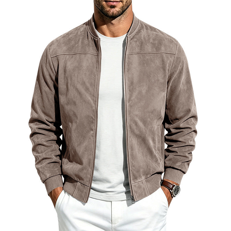 Men Casual Suede Zip Up Jacket Long Sleeve Outerwear