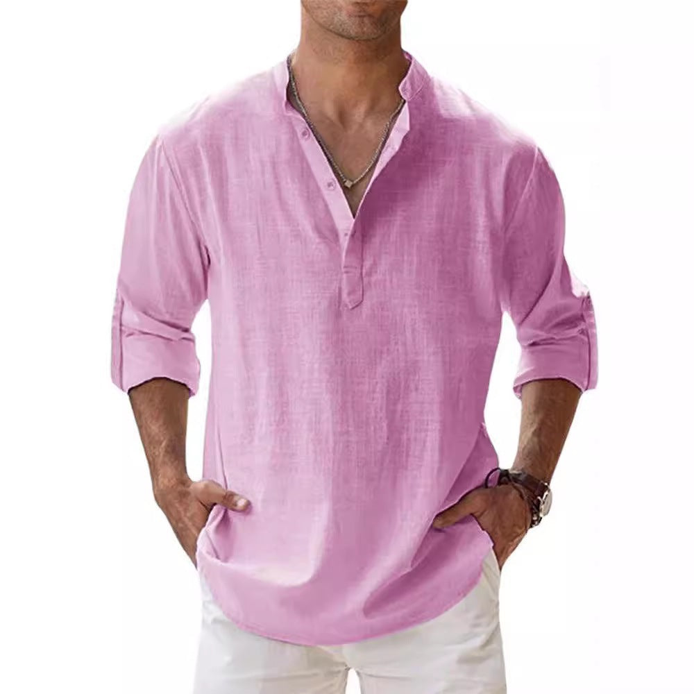 Mens Casual Stand Collar Long Sleeve Cotton Shirt