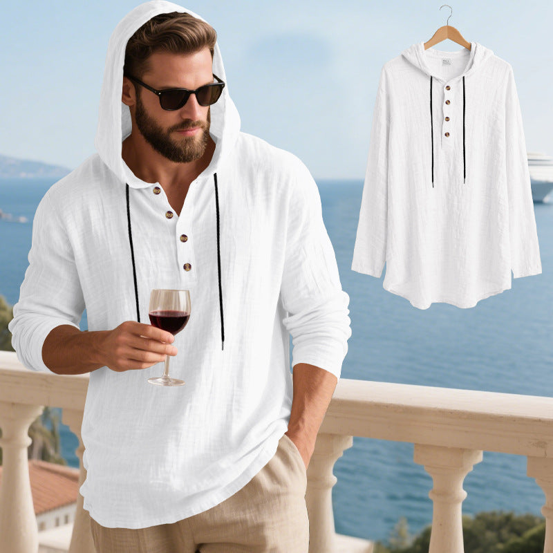 Mens Hooded Linen Long Sleeve T-Shirt