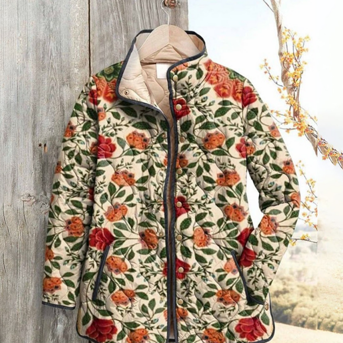 Women Floral Stand Collar Pleated Cotton Sweatshirt