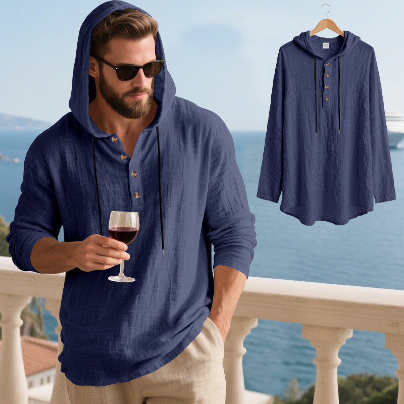 Mens Hooded Linen Long Sleeve T-Shirt