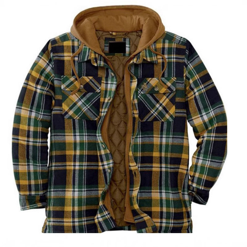 Mens Thickened Plaid Hooded Cotton Coat Long Sleeve Zipper Shirt Jacket