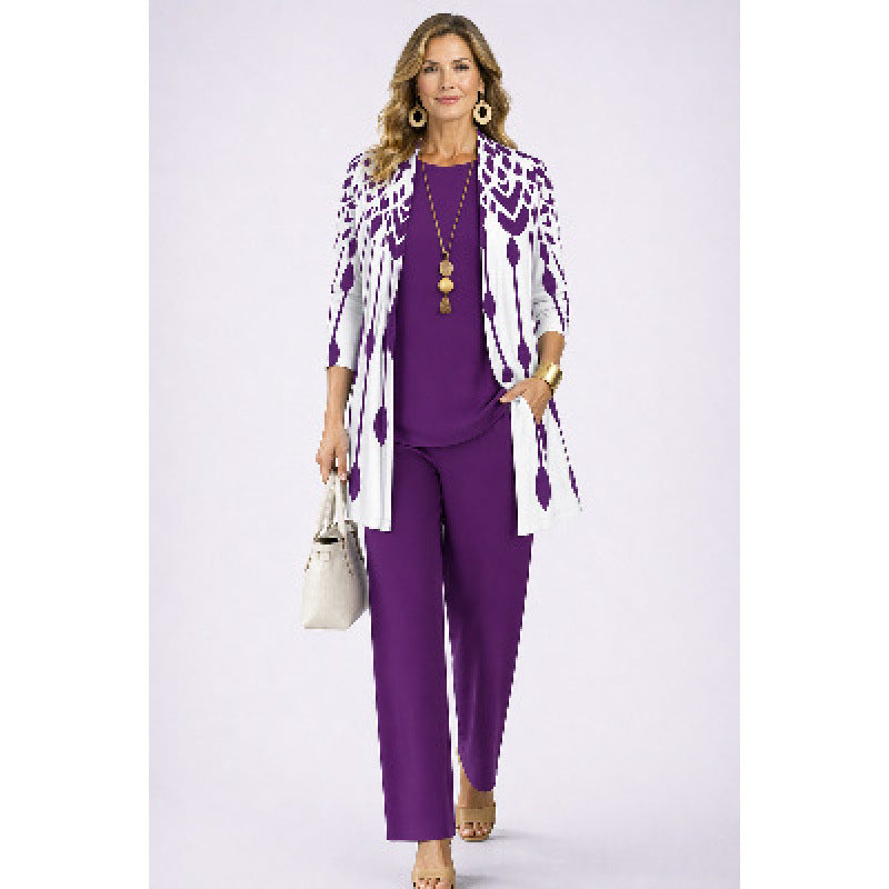 Womens Casual Printed Cardigan Long Sleeve Top and Pants Set