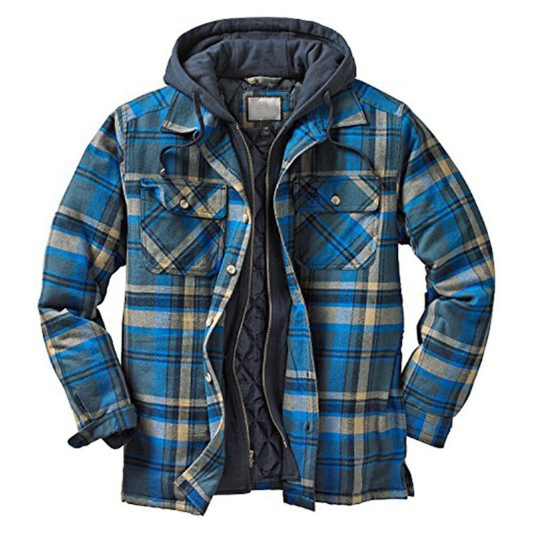 Thickened Cotton Plaid Long Sleeve Hooded Jacket