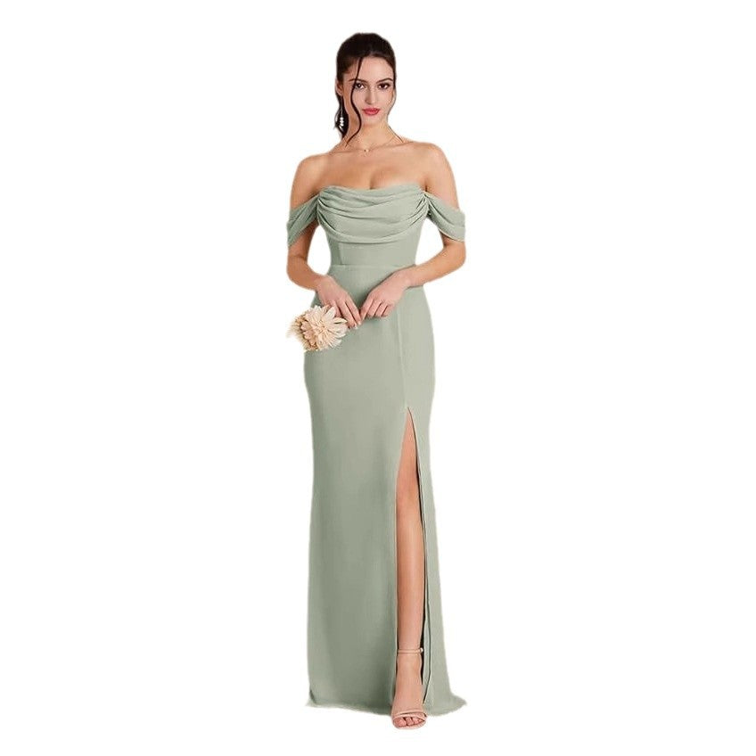 Convertible Off-Shoulder Long Evening Gown with Slit