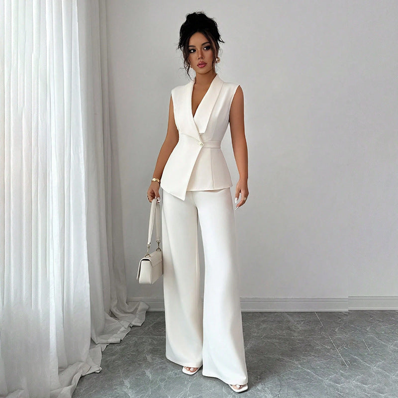 Women Sleeveless Suit and Straight Pants Two Piece Set