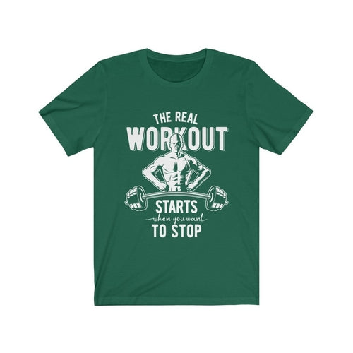 The Real Workout unisex soft cotton t-shirt with vinyl print, retail fit, made in USA