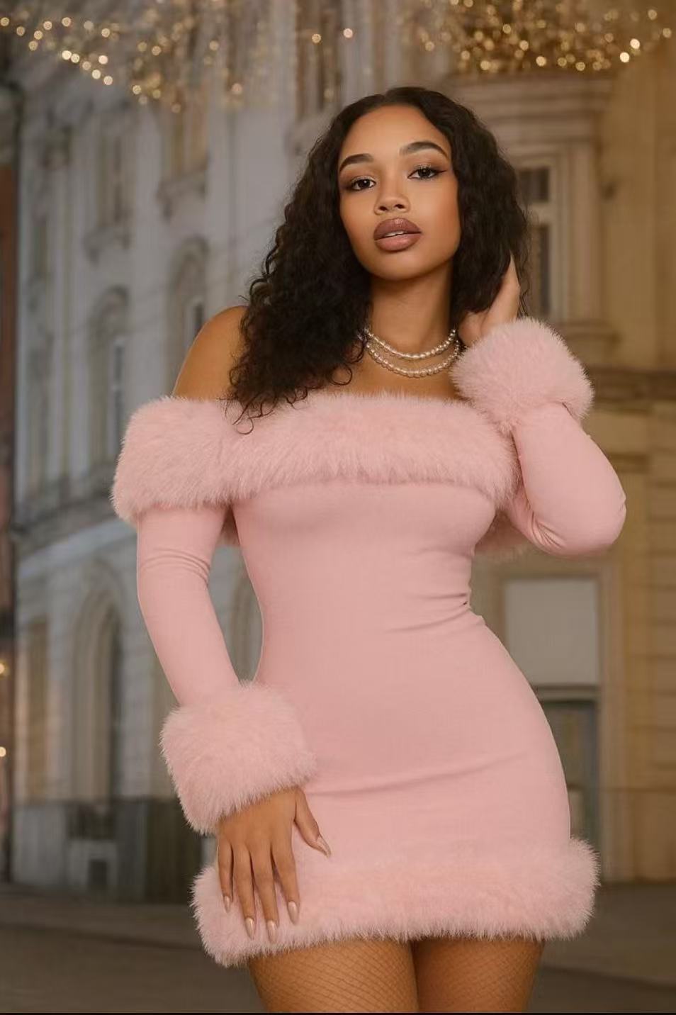 high temperament plush long sleeve off-shoulder autumn and winter backless Sexy Slim solid color hot girl hip skirt