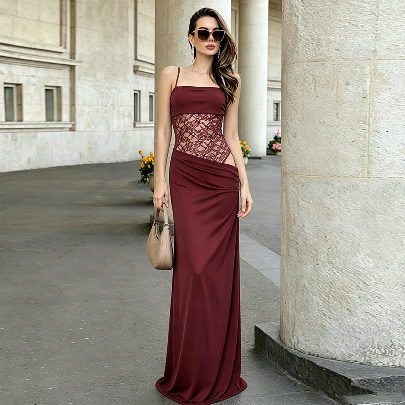 Women Summer Solid Color Lace Splicing Strap Dress