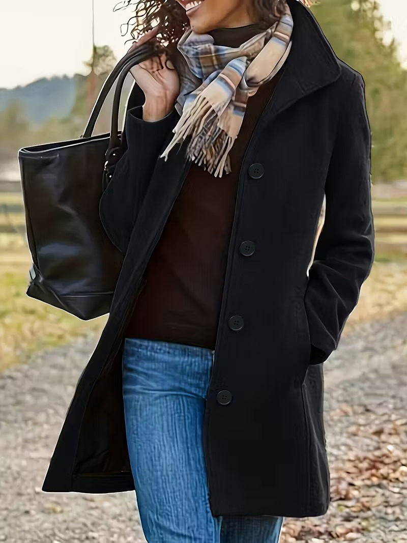Women Solid Color Lapel Woolen Coat Long Winter Overcoat