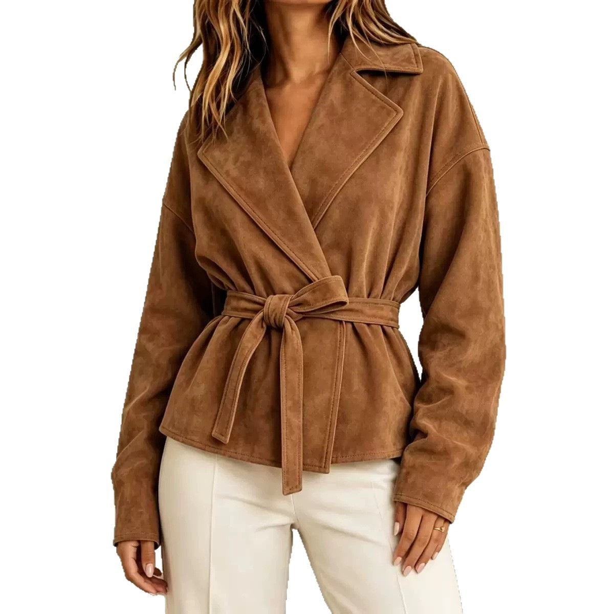 Lapel Suede Lace-Up Short Coat Loose Long Sleeve Jacket