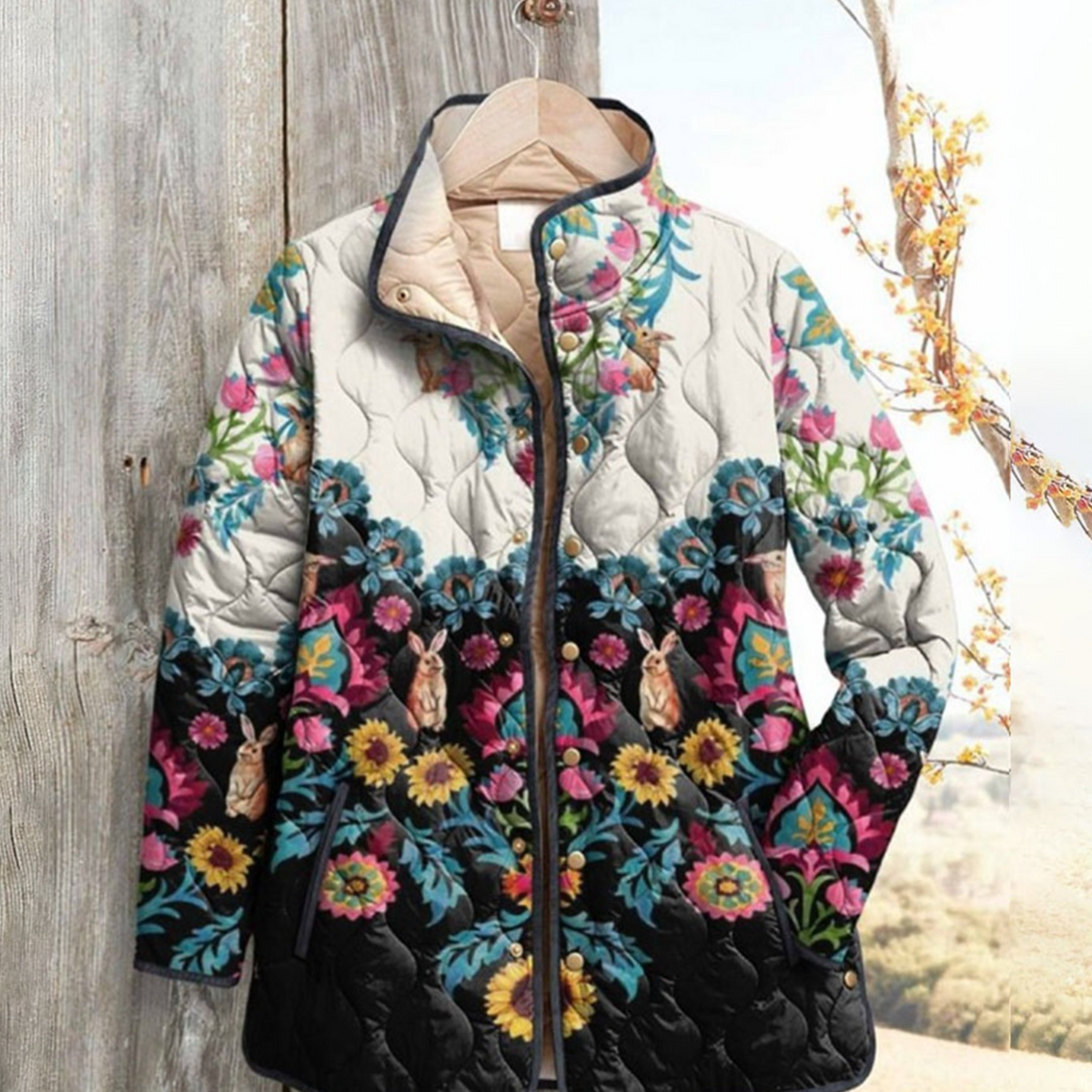 Women Floral Stand Collar Pleated Cotton Sweatshirt