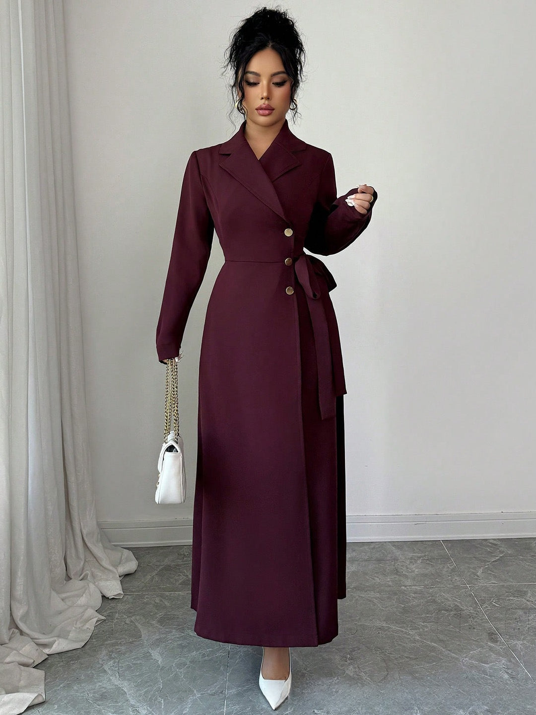 Womens Suit Collar Long Sleeve Waist Tie Dress