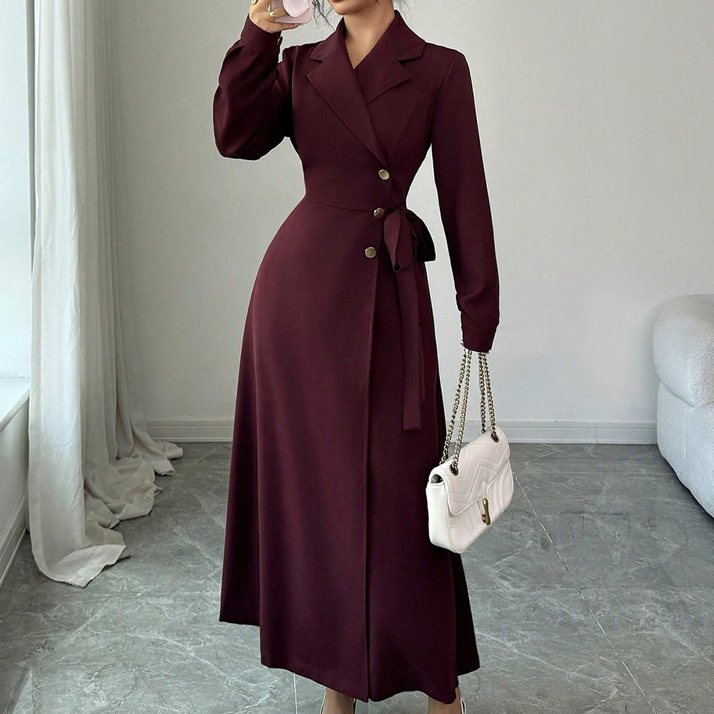 Womens Suit Collar Long Sleeve Waist Tie Dress