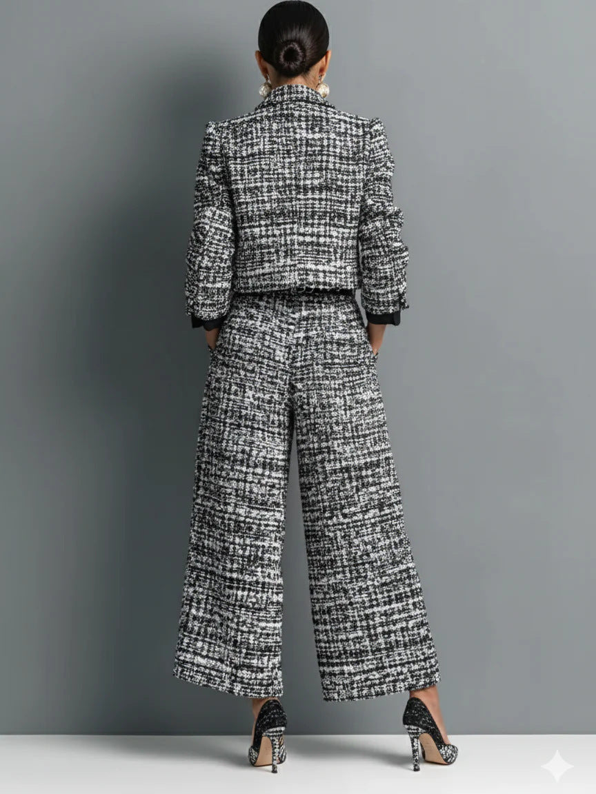 Women Lapel Short Jacket Wide Leg Pants Suit Two Piece Set
