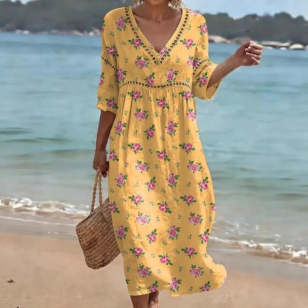Womens V-Neck 3D Digital Print A-Line Midi Dress