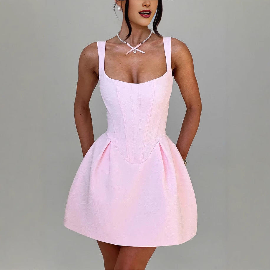 Fishbone pattern patchwork halter dress