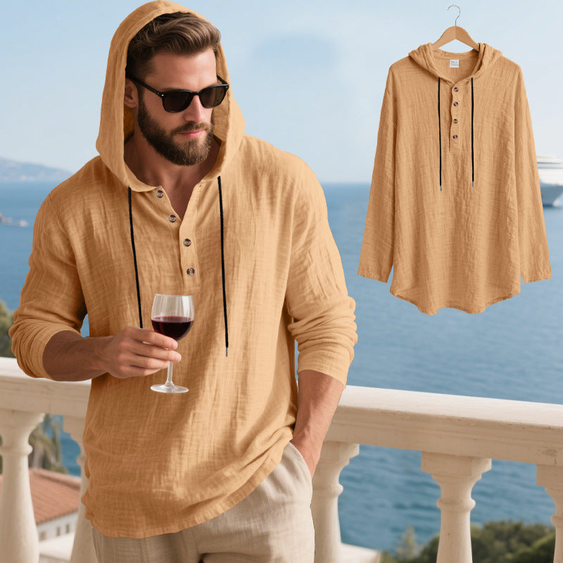Mens Hooded Linen Long Sleeve T-Shirt