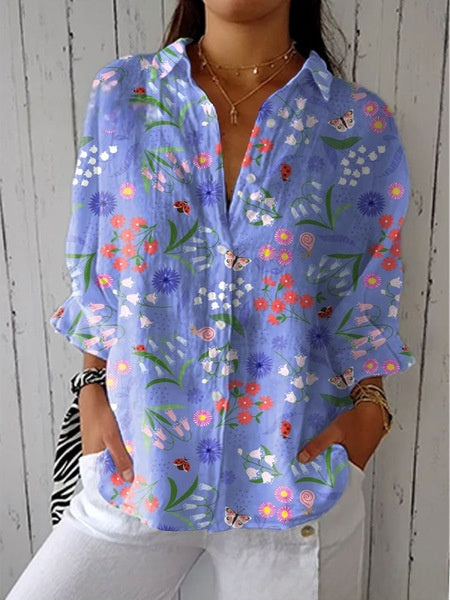 Floral Print Long Sleeve Womens Lapel Cardigan Shirt