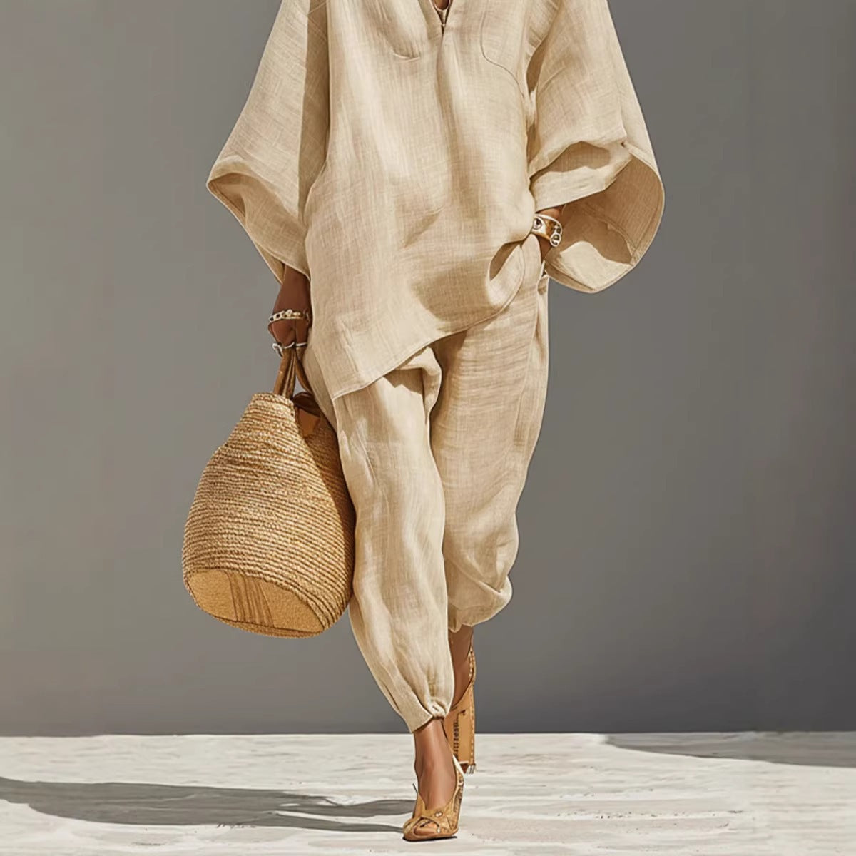 Batwing Sleeve V-Neck Casual Pants Suit
