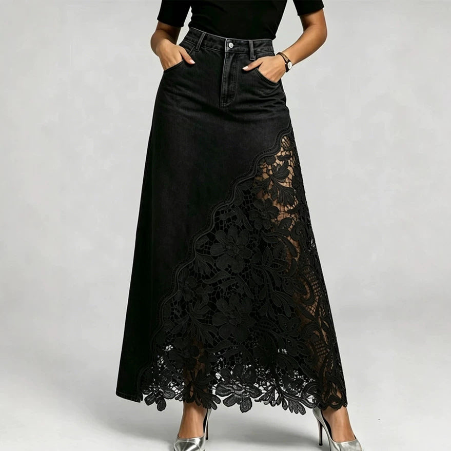 Lace Trim Denim Midi Skirt