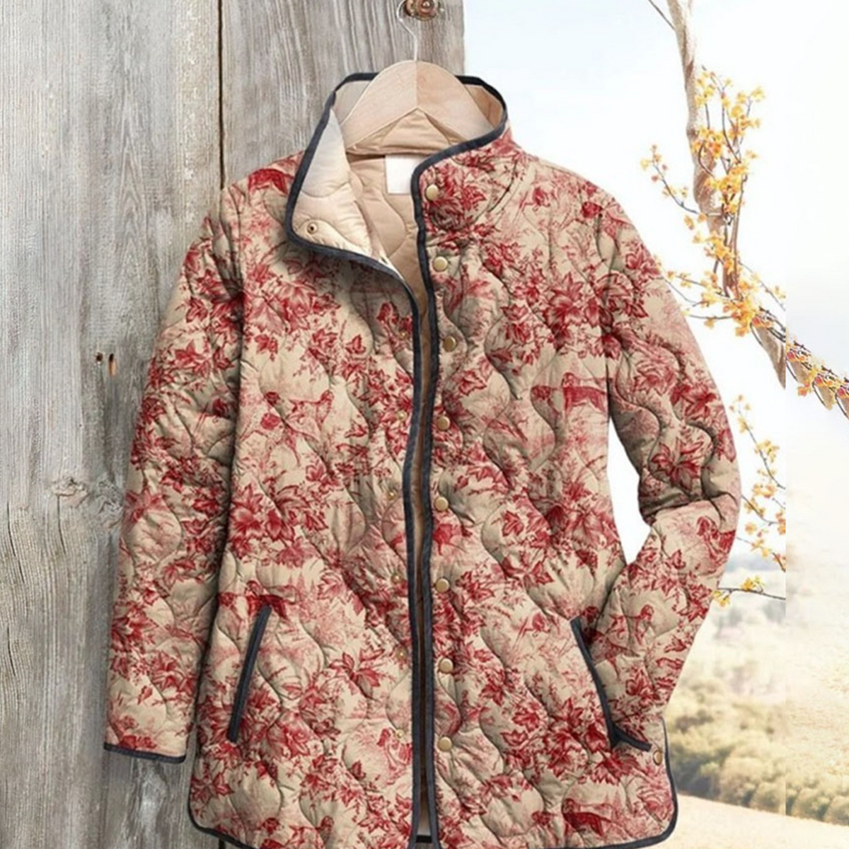 Women Floral Stand Collar Pleated Cotton Sweatshirt