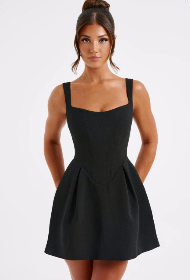 Fishbone pattern patchwork halter dress