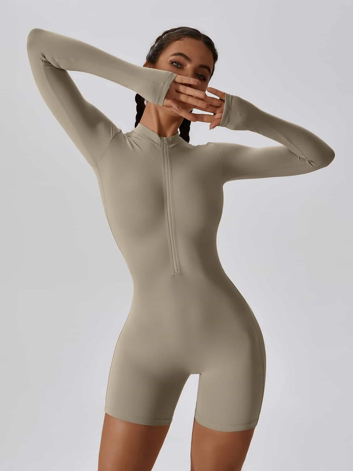 Jumpsuit Long-Sleeved Shorts with Open Collar and Zip-Up Sportswear Leggings