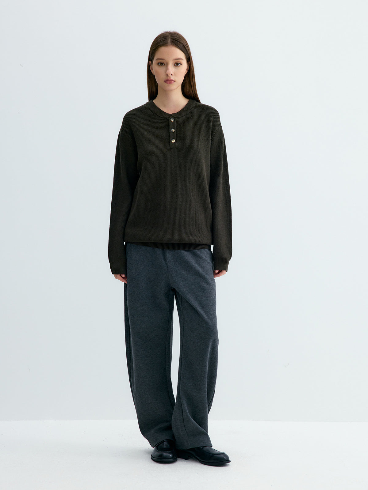 Ribbed Henley Collar Knit Sweater